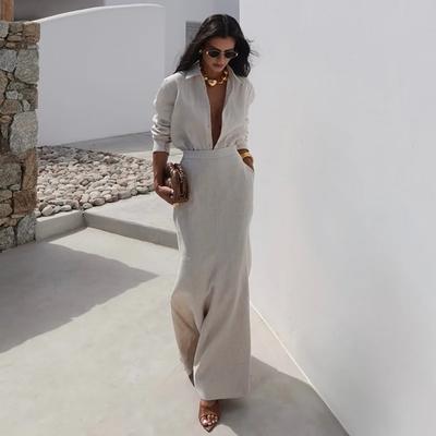 Elegant Outfit Women Lapel Single Breasted Long Sleeved Shirt+High Waist Slimming Half Skirt Female Two Piece Set