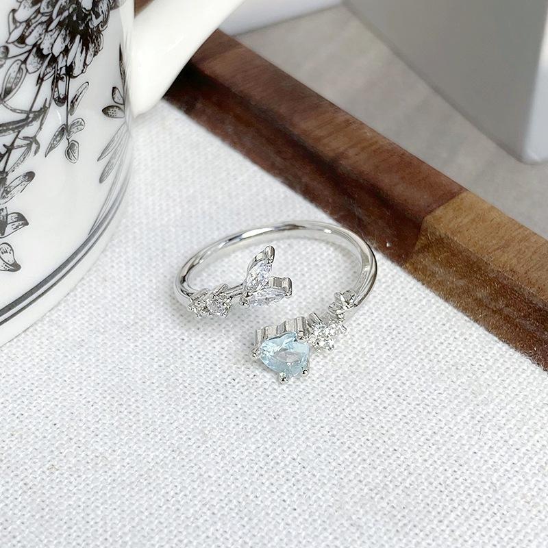 [Ice Crystal Butterfly Shadow] Sea Blue Zircon Exquisite Butterfly Opening Ring Light Luxury Niche Super Immortal Stacked Ring Woman