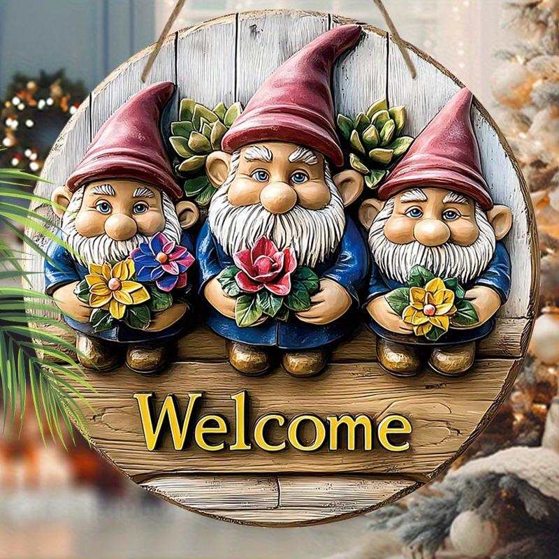 Wooden hanging decorative sign,welcome signs,The pattern is three gnomes,indoor or garden decorations,2D flat pendants, housewarming gifts for friends