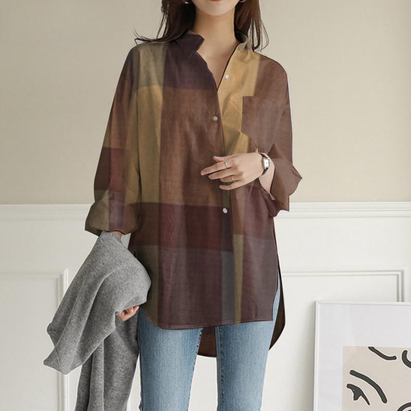 

Женская рубашка с длинным рукавом и отложным воротником, винтажная клетчатая блузка, мешковатые топы M жёлтый