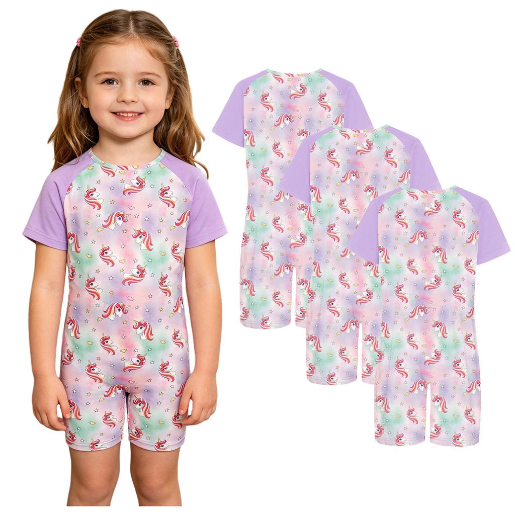 3 Peças Macacão Adaptativo Anti-Rasgo Infantil Gola Redonda Manga Curta Estampado com Zíper Invisível nas Costas para Meninos Meninas com Necessidades Especiais