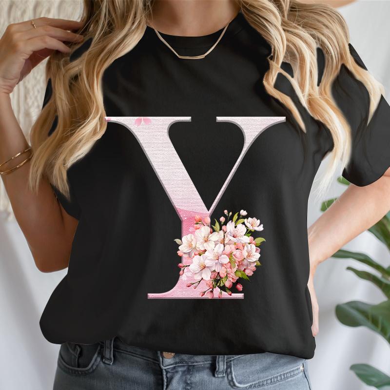 Y2k Cherry Blossom Letter Az Tshirts Unisex Pink Floral Aesthetic Alphabet Tees Short Sleeve Boho Chic Tops Mama Gifts Tshirts