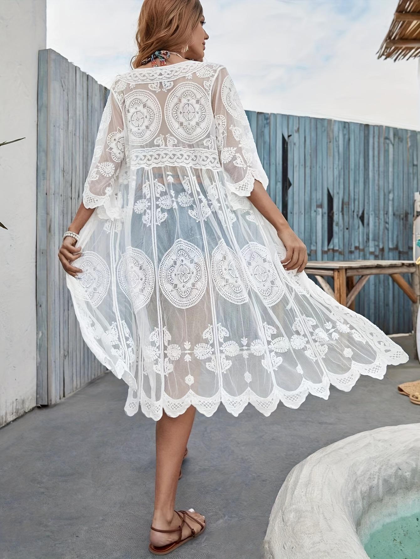 

Женская пляжная накидка в стиле бохо с V-образным вырезом и короткими рукавами, вышитая кружевом, трикотажная ткань из 100% полиэстера, летний солнцезащитный бикини-кардиган с поясом Asian One-size белый