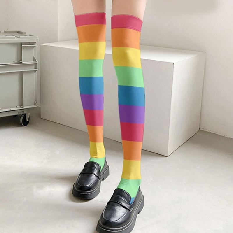 Rainbow Multicolor Striped Print Over the Knee Stockings for Women Carnivals Parties Anime Thigh High Long Socks Hosiery