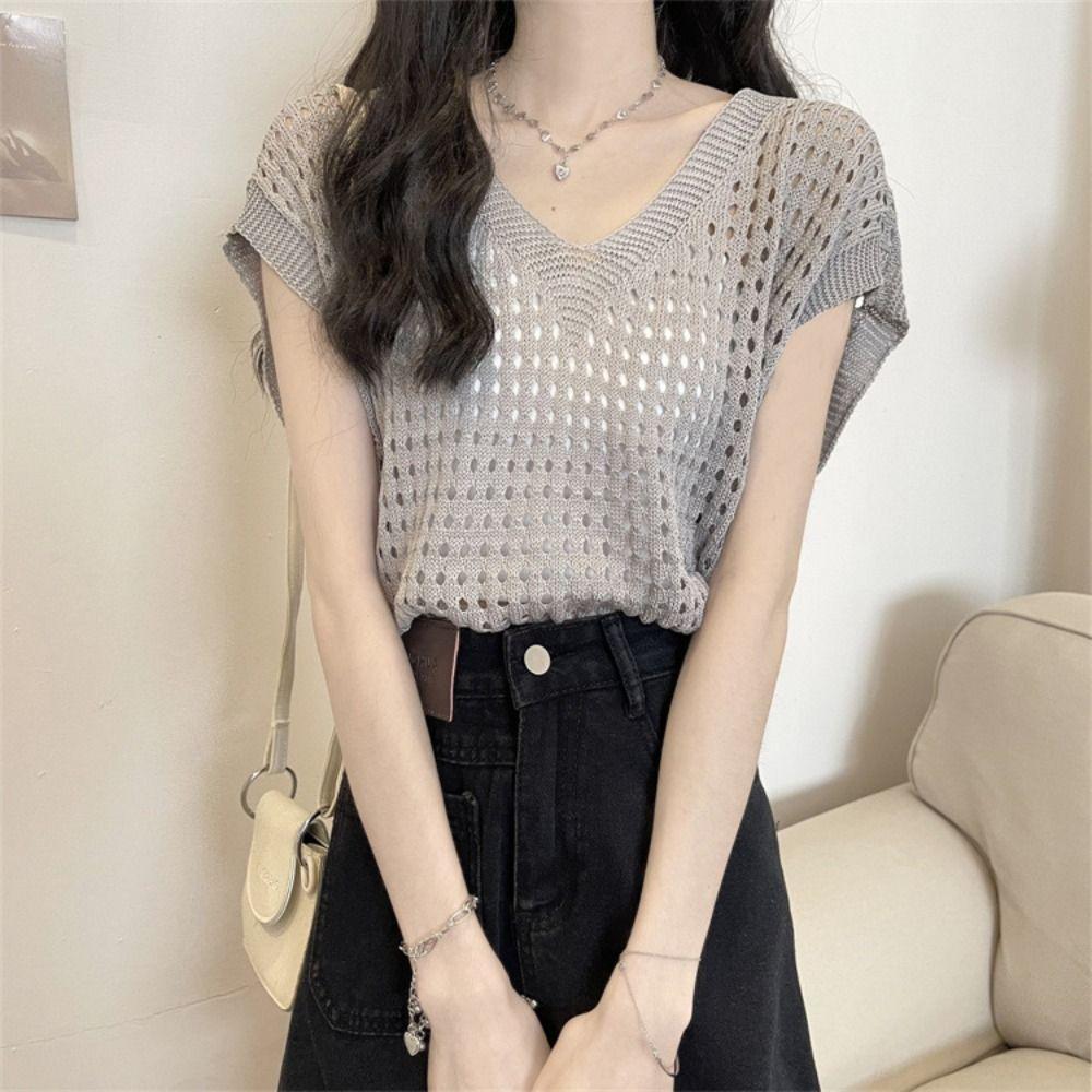 V-neck Hollow Out Knit T-shirt Oversized Beach Crochet Sweater Vest Leisure   Streetwear