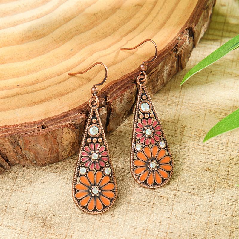 Fashion Ethnic Boho Enamel Flower Long Drop Dangle Earrings For Women Rhinestone Geometric Waterdrop Vintage Wedding Zircon