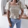 Women Spring Summer Chic Floral Print Shirt Blouse Top Square Collar Short Lantern Sleeve Ruffle Hem Slim Waist Simple Chiffon S-XL
