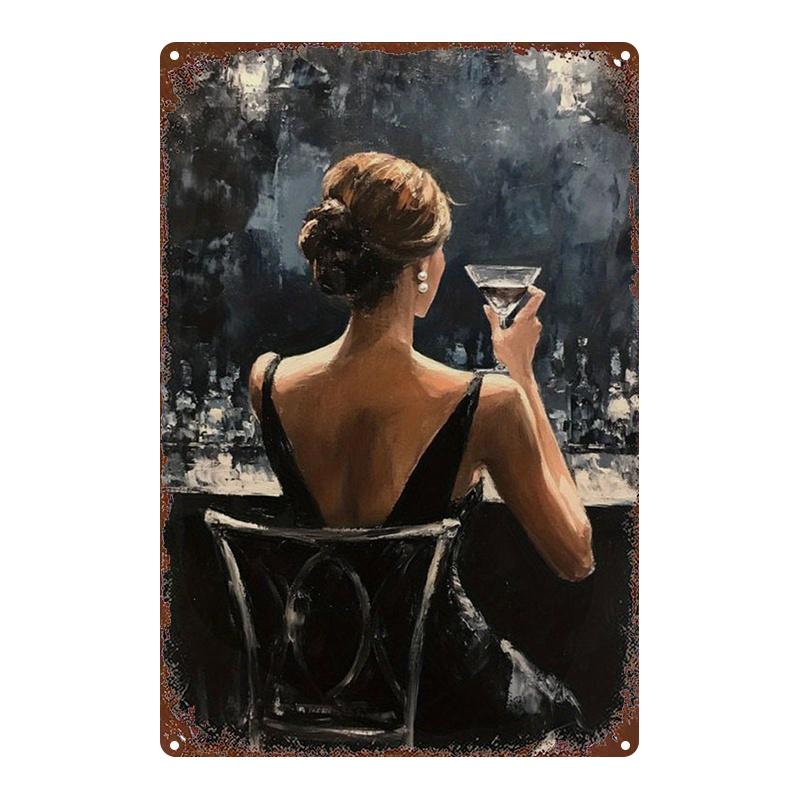 D Flat Metal Sign Elegant Lady Back View Drinking Martini Vintage Bar Scene Retro Wall Art Home Decor