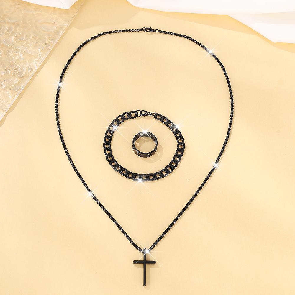 3 Adet Set Erkek Paslanmaz Çelik Metal Haç Kolye Zincir Kolye Bileklik Yüzük Takı Seti Erkek Hip Hop Günlük Giyim Aksesuarları