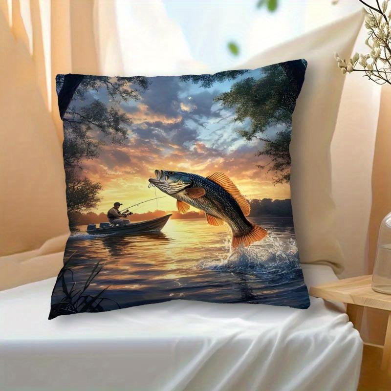 Sunset Bass Fishing Print Throw Pillow Cover Realistic Lake Fishing Scene Cushion Case For Outdoor Angler Cabin Home Decor Couch