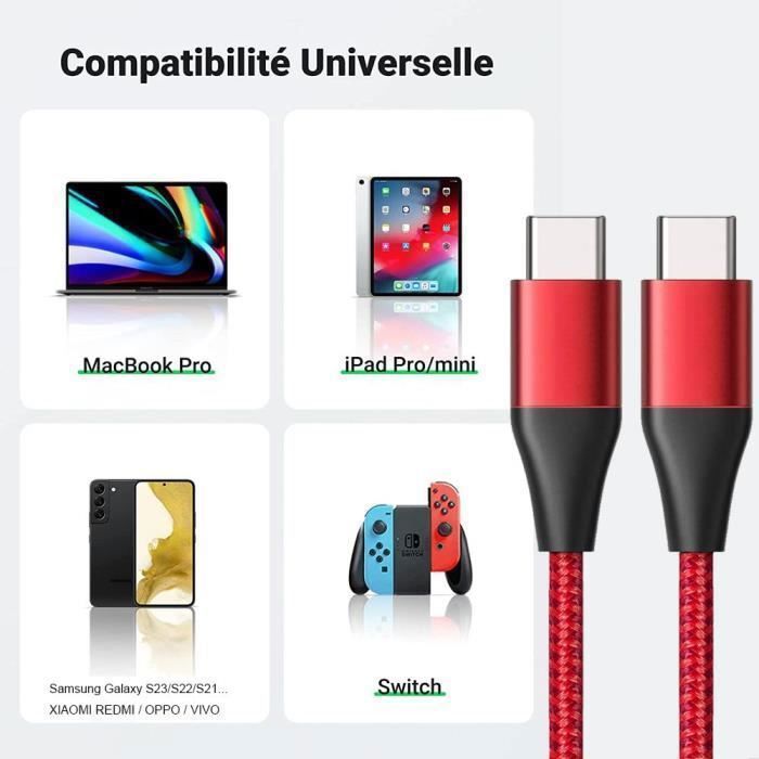 Chargeur Rapide USB-C 25W - iPhone - Câble Nylon 1M - Compatible iPhone 17/16/15- Rouge/Noir
