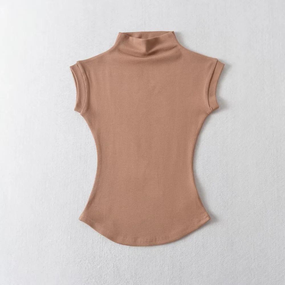 

Женские летние сексуальные футболки без рукавов с высоким воротником, однотонные приталенные пуловеры, повседневные футболки, женские уличные футболки L кофейный