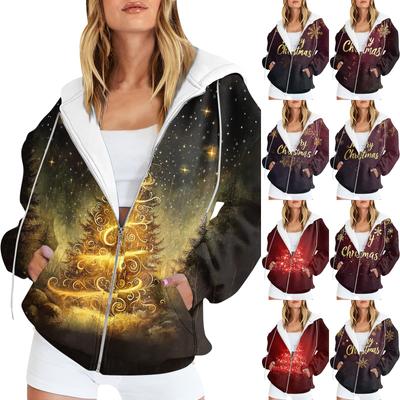 Sudadera Estampada Navideña para Mujer Chaqueta Cárdigan de Invierno de Manga Larga con Bolsillos Sudadera con Capucha y Cremallera Ropa Exterior