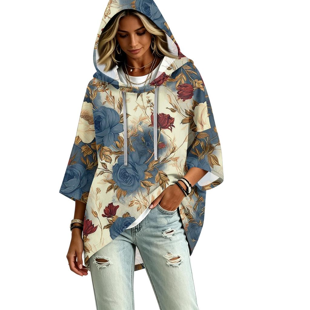 Women's Vintage Floral Print Hooded Pullover -Quarter Sleeve Blouse for Casual Wear