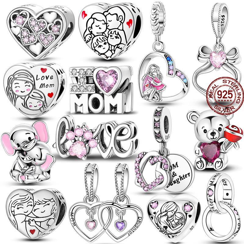 Original Silber Mutter Geschenk Charms Rosa Herz Liebe Mama Anhänger Familie Perlen Passend Armband DIY Geschenke Für Frau Schmuck