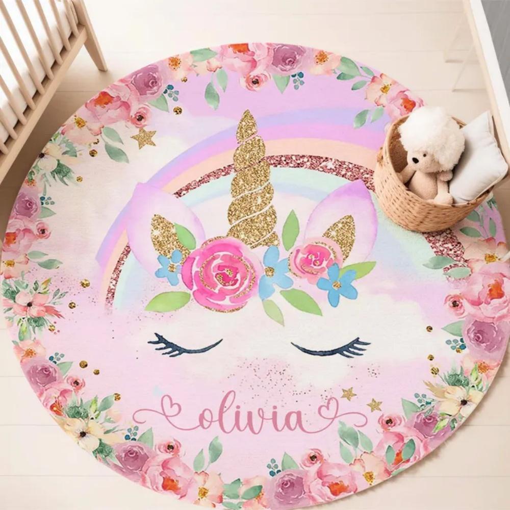 

Волшебный ковер-круг с цветочным узором и единорогом для декора дома. Магический радужный игровой коврик для детской комнаты, спальни. Фэнтезийный декор 120x120cm