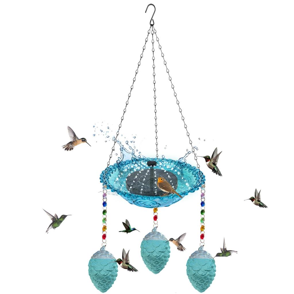 Bebedouro de Pássaros de Vidro Pendurado com Corrente Decorativa e Três Enfeites de Pinha Embossados para Uso Externo no Jardim, Quintal ou Pátio
