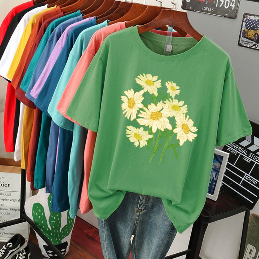 Street Baumwolle Damen T-Shirts Frisch Harajuku Gelbe Chrysanthemenblumen Drucke Oberteile Locker Rundhals Weiche T-Shirts Damenbekleidung