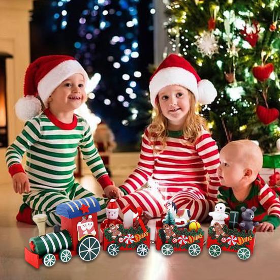 Yousheng Mini Christmas Train Wooden Train Ornament with Mini Snowmen Santa Xmas-themed Train Table Decoration Toy Train Gifts for Kids