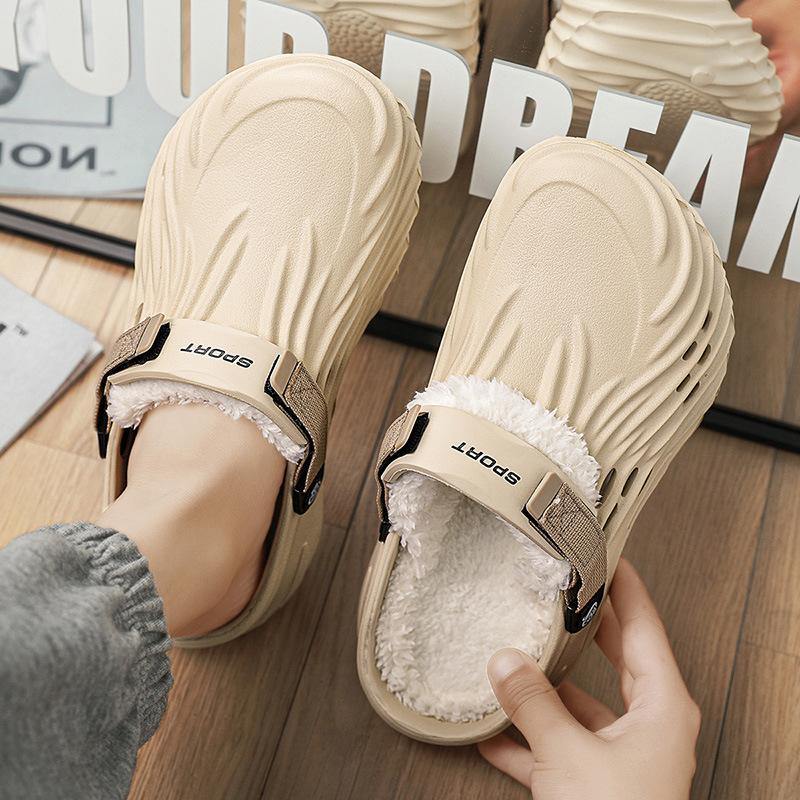 

Two wear velvet hole shoes, men s outer wear cotton mop non-slip thick sole heightening bag head slippers, foreign trade warm cotton slippers 47 хаки