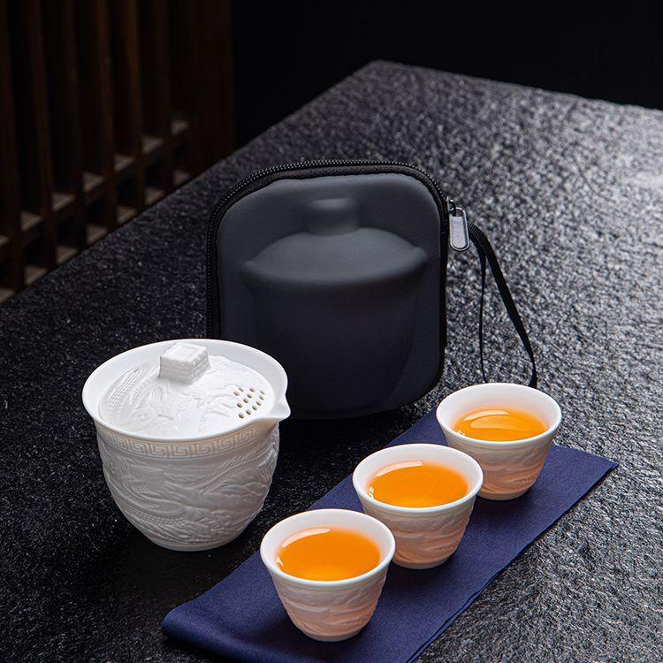 White Porcelain Tea Set Embossed Quick- Travel Tea Set, Three-piece Small Set, Portable Travel Teacup