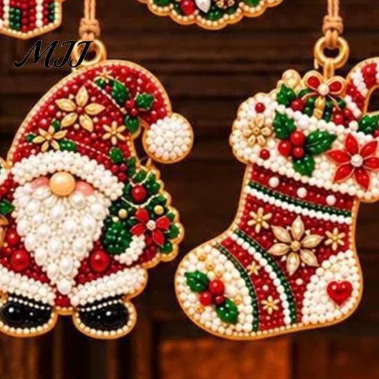 Handcrafted Christmas Keepsake 10 Pcs Faux Diamond Painting Art Ornaments, DIY Pearl Beads Holiday Craft Set with Wooden Base Jute Twine, Complete