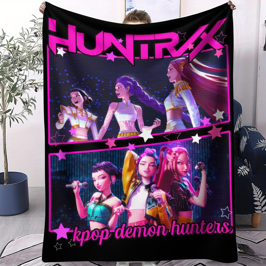 Hot Anime Hot Virtual Girl Group HUNTR/X Print Fleece Throw Blanket Super Soft Warm for Travel Office Home Fans Must-Have Gift