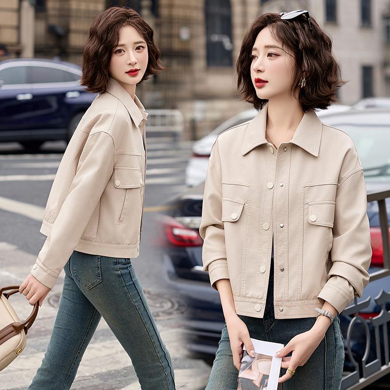 

Женская модная короткая куртка из искусственной кожи - Коллекция Весна/Осень 2025 с дизайном лацканов (ZH1172) L (110-120 jin) бежевый