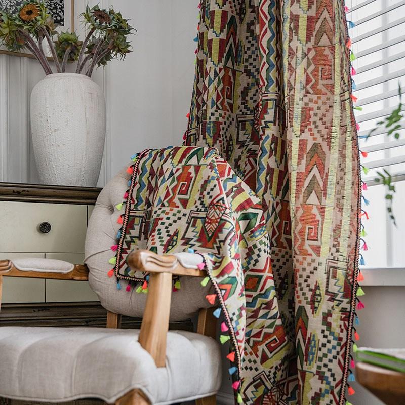 Bohemia Cotton Linen Curtain with Colorful Fringe Geometry Semi-shading Home Decor Thick Kitchen Short Curtain for Living Room