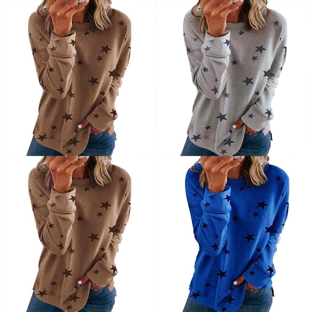 Women Casual Tunic Crew Neck Long Sleeve Star Print Tee Top Blouse For Daily Comfort And Style