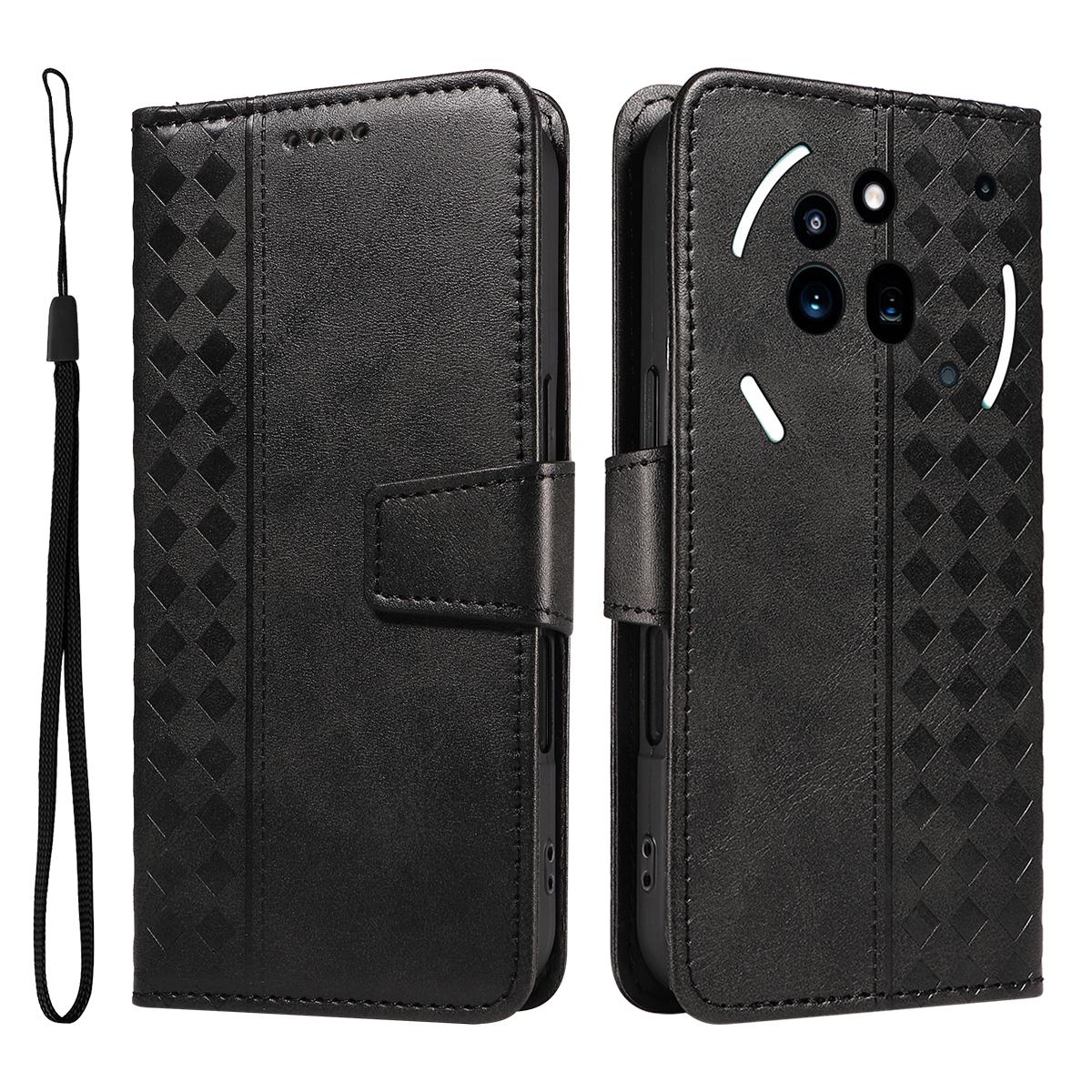 

For Nothing Phone (3a) Pro Leather Case Wallet Stand Grids Imprint Phone Cover with Strap Black