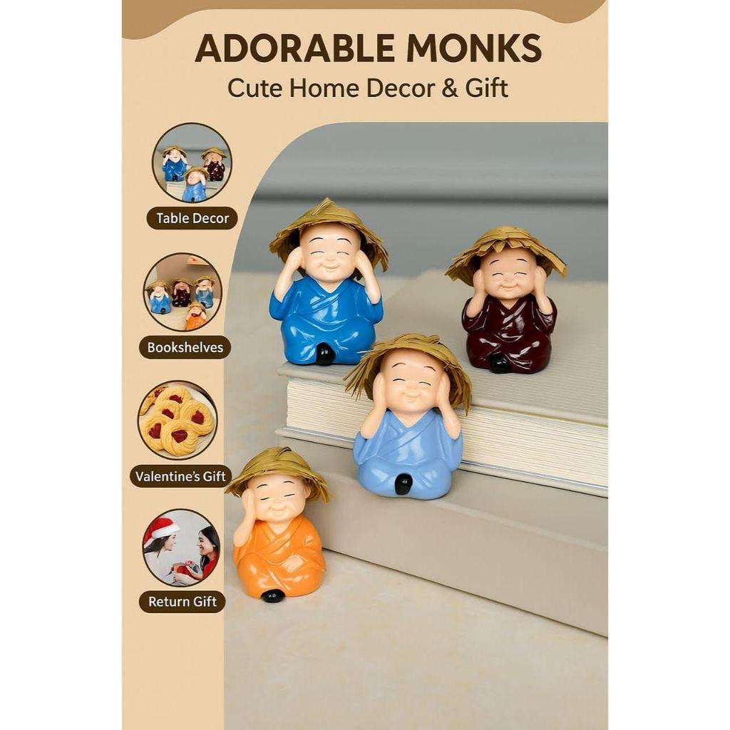 Baby Monk Buddha Set of 4- Monk Buddha Statue Showpiece, Diwali Decoration Items Buddha for Table Decor Living Room Home