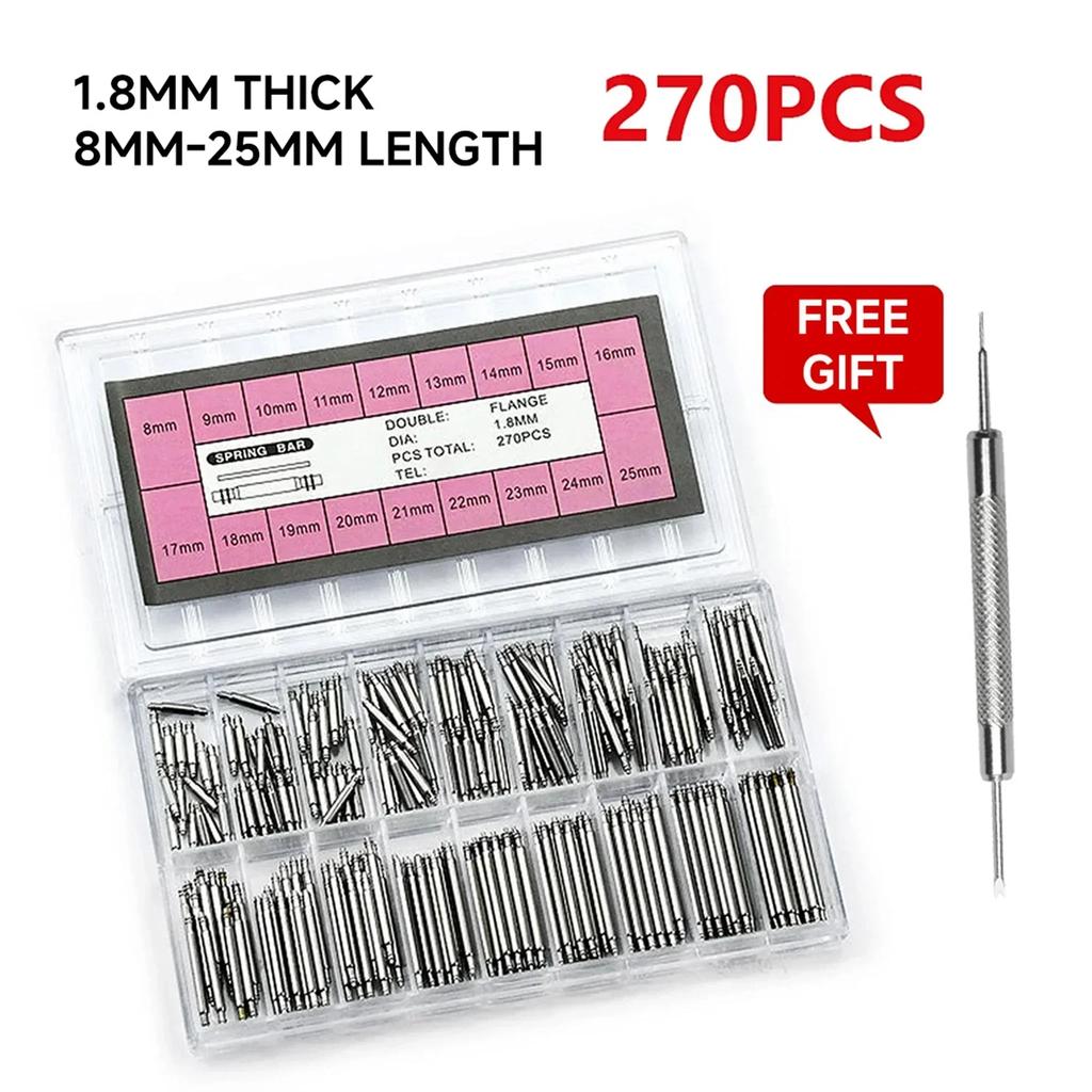 270pcs/set Strainless Steel Spring Bars Dia 1.5mm/1.8mm Length8mm - 25mm/6mm - 23mm Watchband Strap Belt Watch Repair Tools Pin