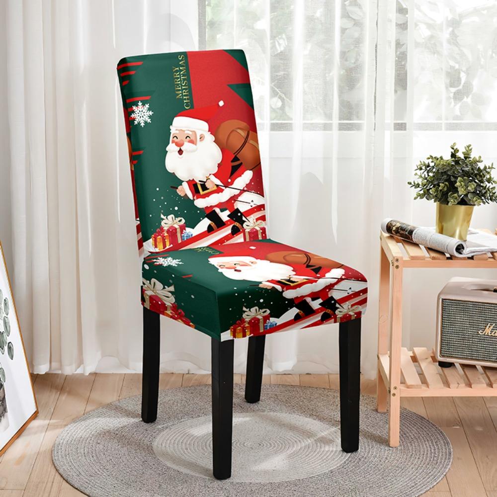 Christmas Dining Chair Cover Elastic Spandex Santa Claus Pattern Chair Slipcovers Cartoon Home Decoration Chair Covers