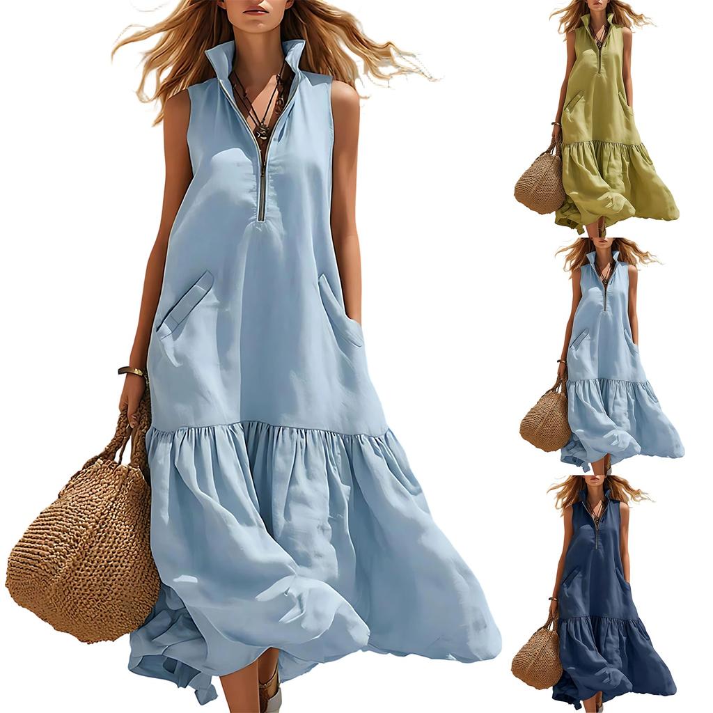 Women’s Casual Sleeveless Ruffle Hem Dress with Zipper Front and Stand Collar Loose Fit Summer Sundress