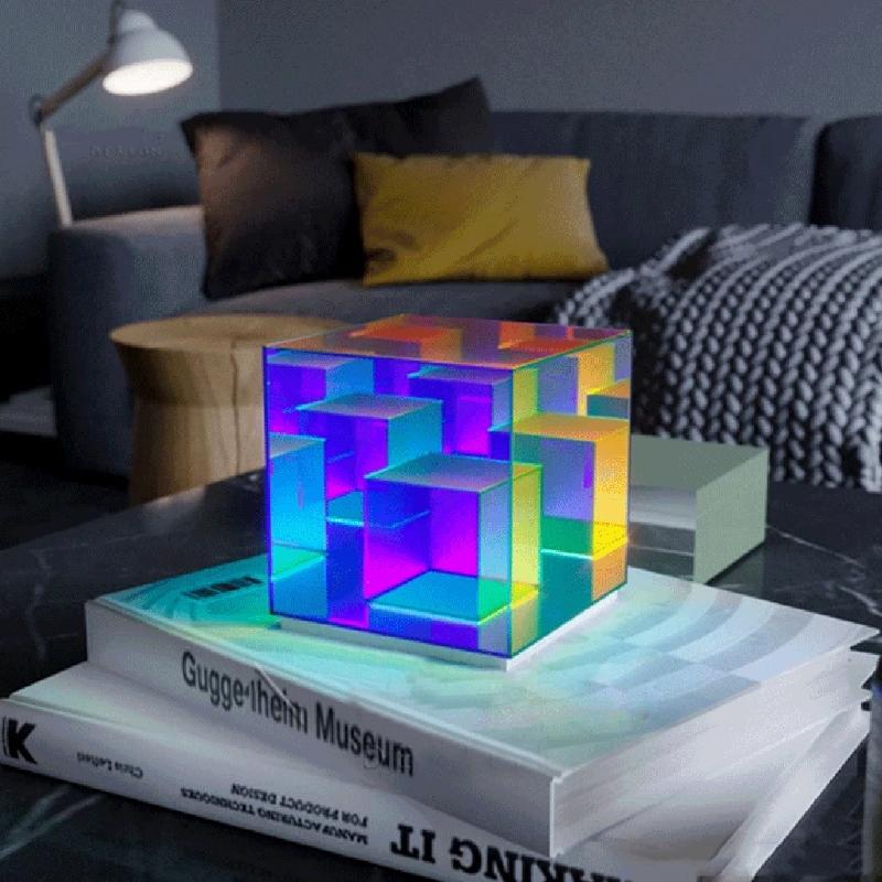 Modern Mood Lamp 3D Cube Table Lamp Acrylic Glass 3D Cube Visual Lighting for Bedroom Living Room Coffee Shop Decor