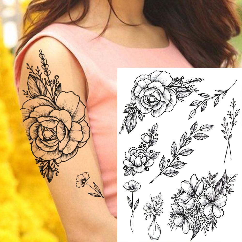 Owl Bird Temporary Tattoos For Women Fake Peony Flower Tattoo Sticker Black Body Art Drawing Tatto Diamond Crystal Jewelry Tatoo