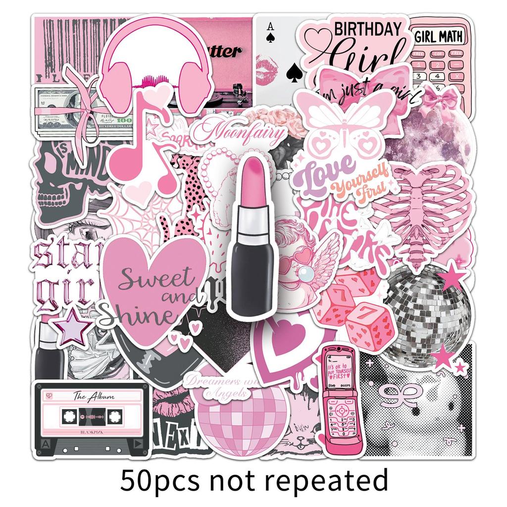 50 Cute Pink Minimalist Waterproof Stickers for Suitcases and Bicycles