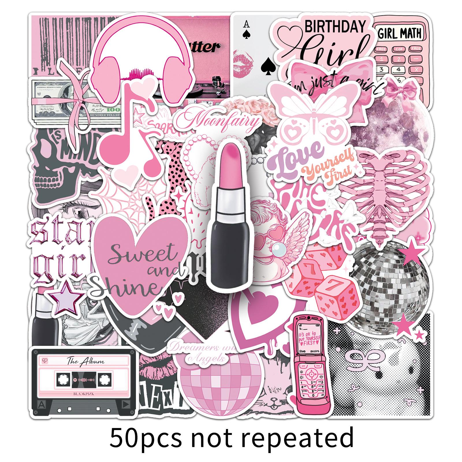 50 Cute Pink Minimalist Waterproof Stickers for Suitcases and Bicycles