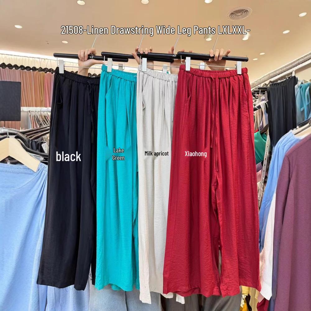 Da7 Women's Summer Plus Size High Waist Elastic Drawstring Wide-Leg Pants