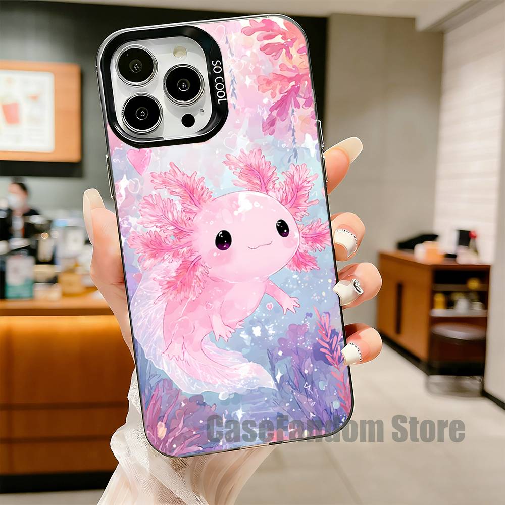 Cute Axolotl Phone Case For iPhone 17,16,15,14,13,12,11,Pro,Max,Plus,Black Matte Shockproof Cover
