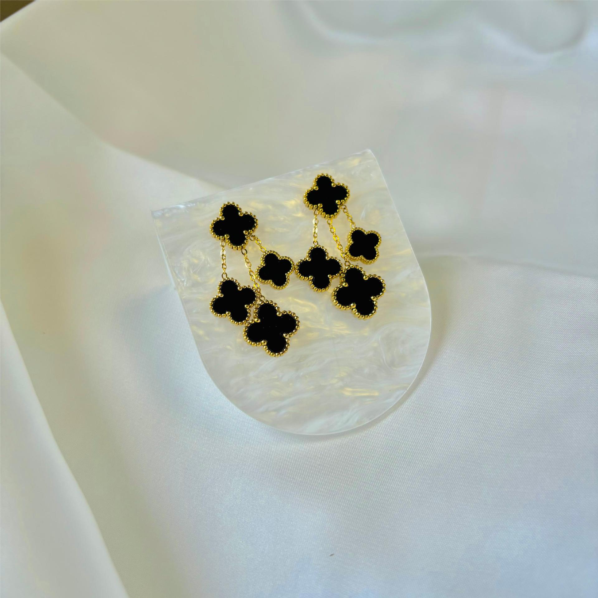 Роскошные модные двухсторонние серьги-клеверы из титановой стали, серьги премиум-класса Sense, женские серьги из нержавеющей стали без потери цвета чёрный