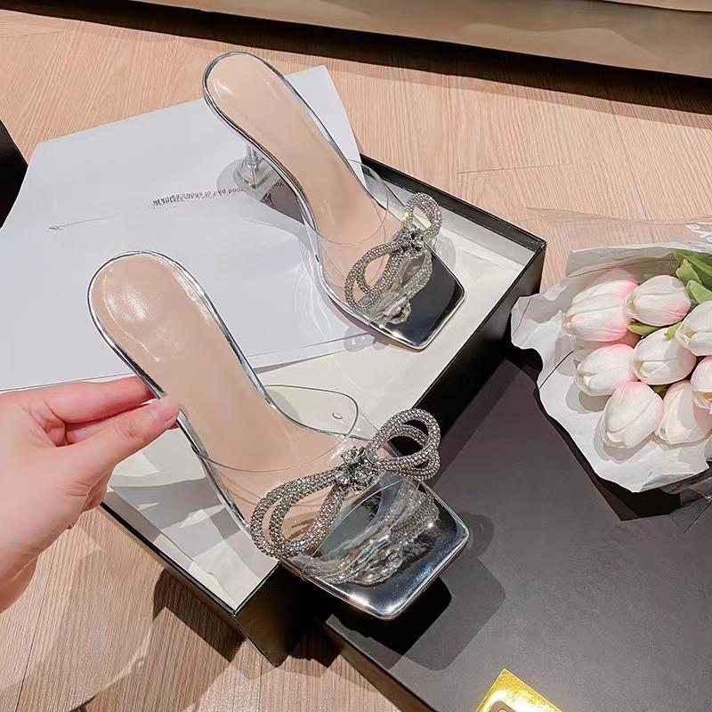 2026 Summer New Bow Rhinestone Transparent High Heel Sandals Women Crystal Heel Square Toe Kitten Heel Slippers Cold Mopping