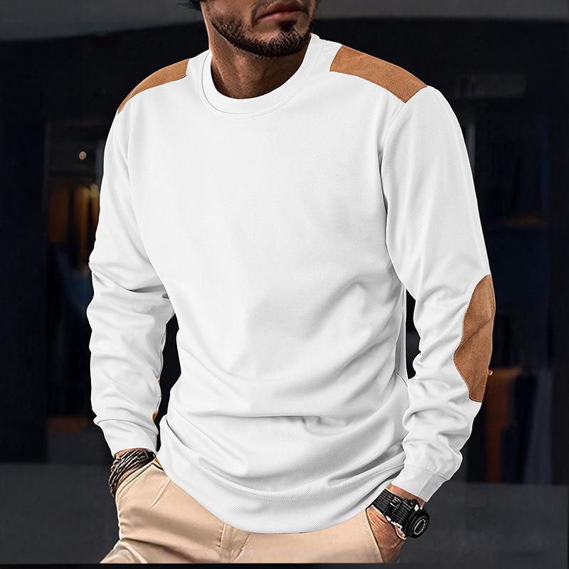 

Men s White Waffle Knit Long Sleeve Crew Neck Shirt with Suede Patches S белый