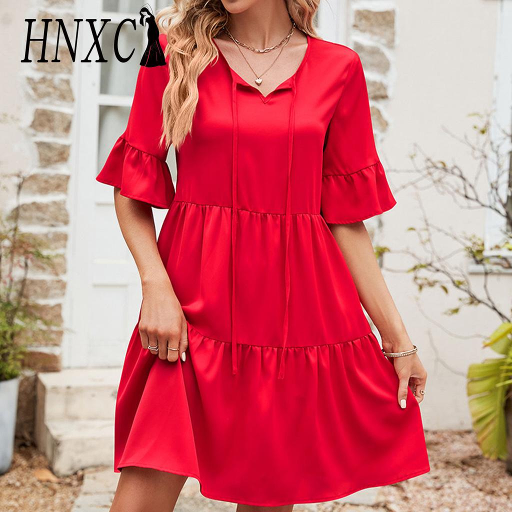 HNXC Damenmode Sommer Frühling Einfarbiger Druck Kurzarm V-Ausschnitt Hohe Taille Freizeitkleider