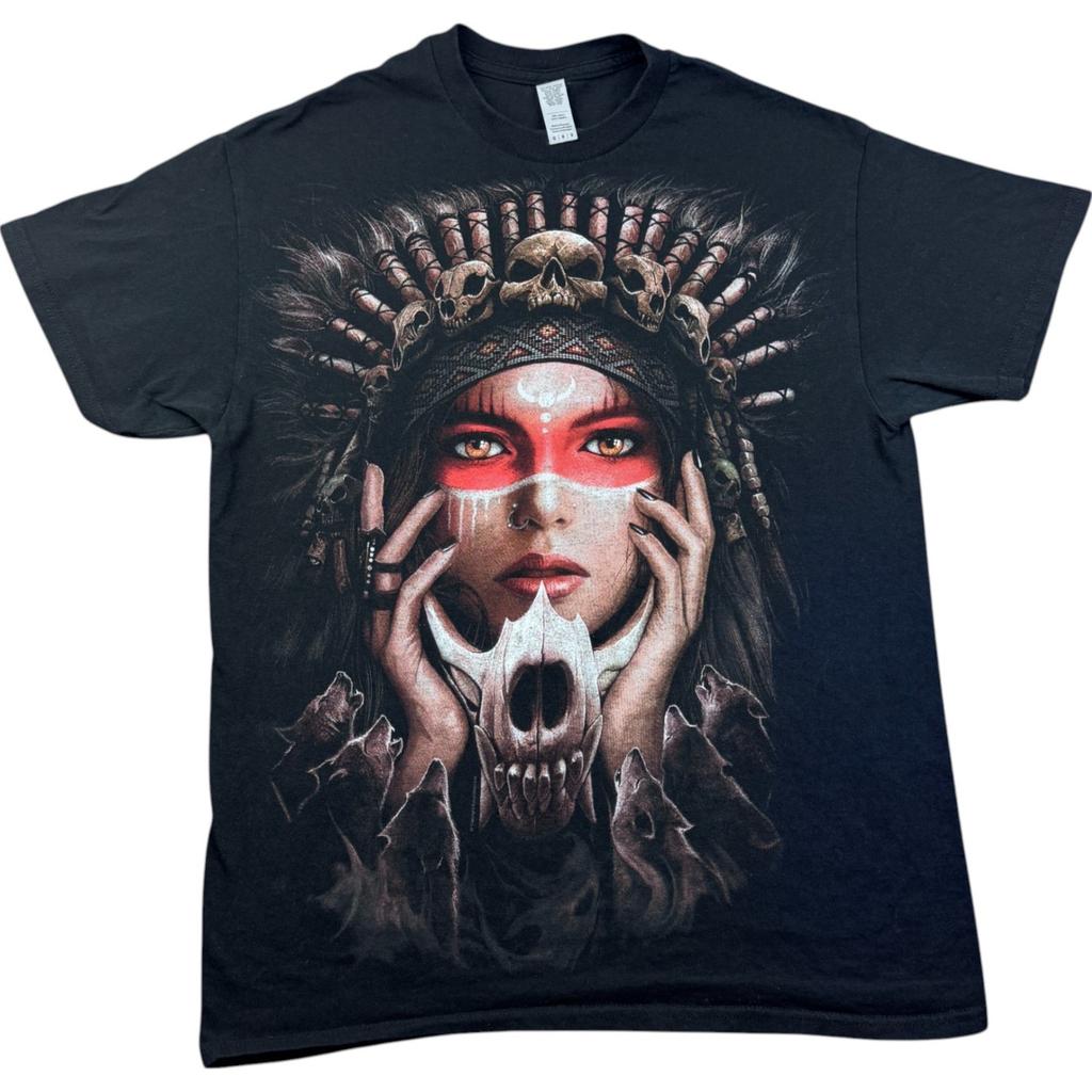 Spiral T Shirt Medium Men Black Cotton Indian Skull Graphic T Shirt Short Sleeve Unisex T-Shirt