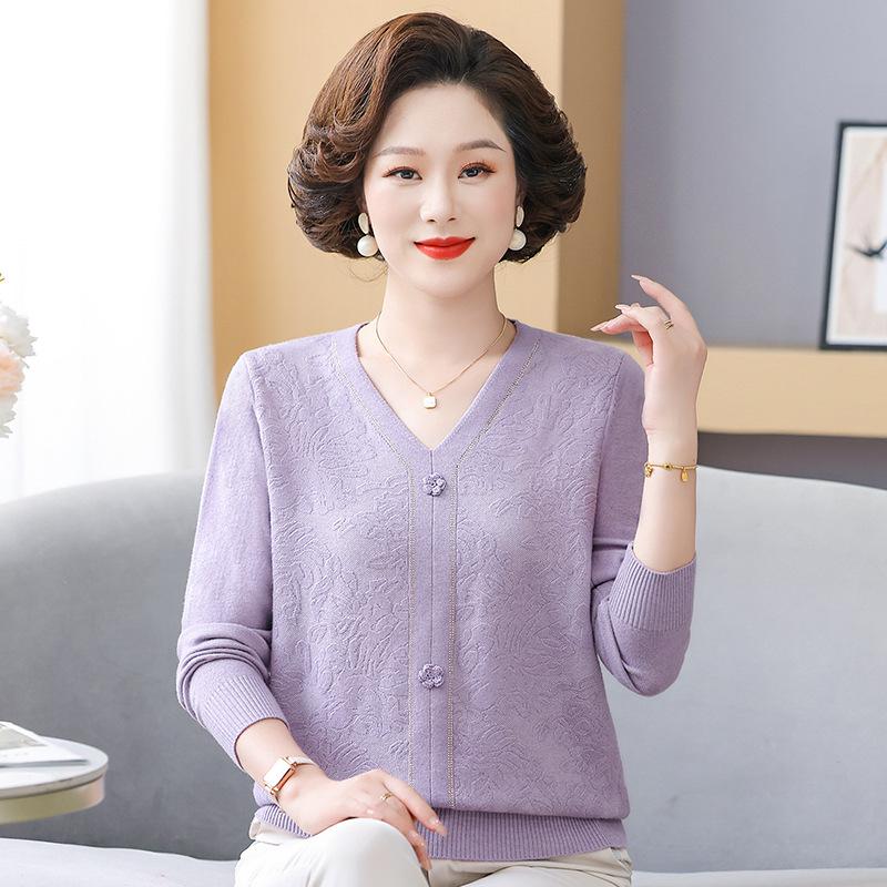 Spring/Fall Thin Knitwear for Middle-Aged & Elderly Women: Stylish Stretch Pullover
