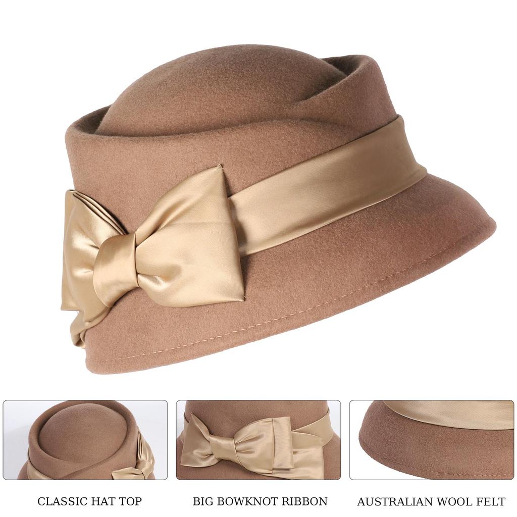 Women’s Vintage Wool Cloche Church Hat with Satin Bow Elegant Bowler Bucket Hat for Tea Party Wedding Garden Formal Events