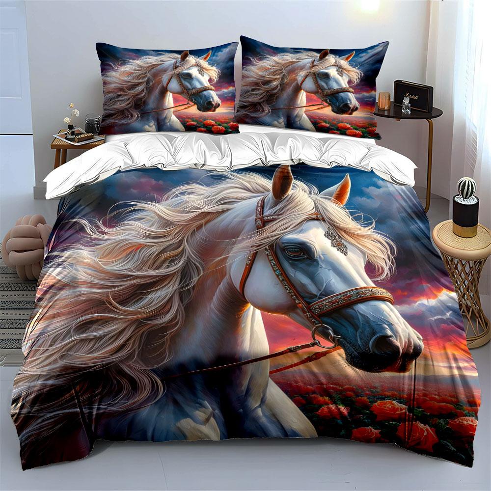 3Pcs White Horse With Rose Field Duvet Cover Set With 3D Printing Design Soft Polyester Bedding Set All-Season Comfort
