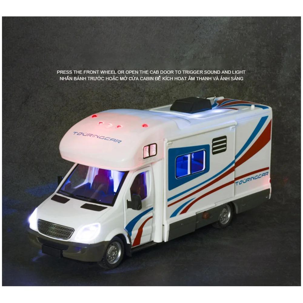 1/32 Alloy Diecast Touring Car Model Toys 3 Doors Opened Sound Light Campervan RV Trailer Vehicles Childrens Toy Gift Collection